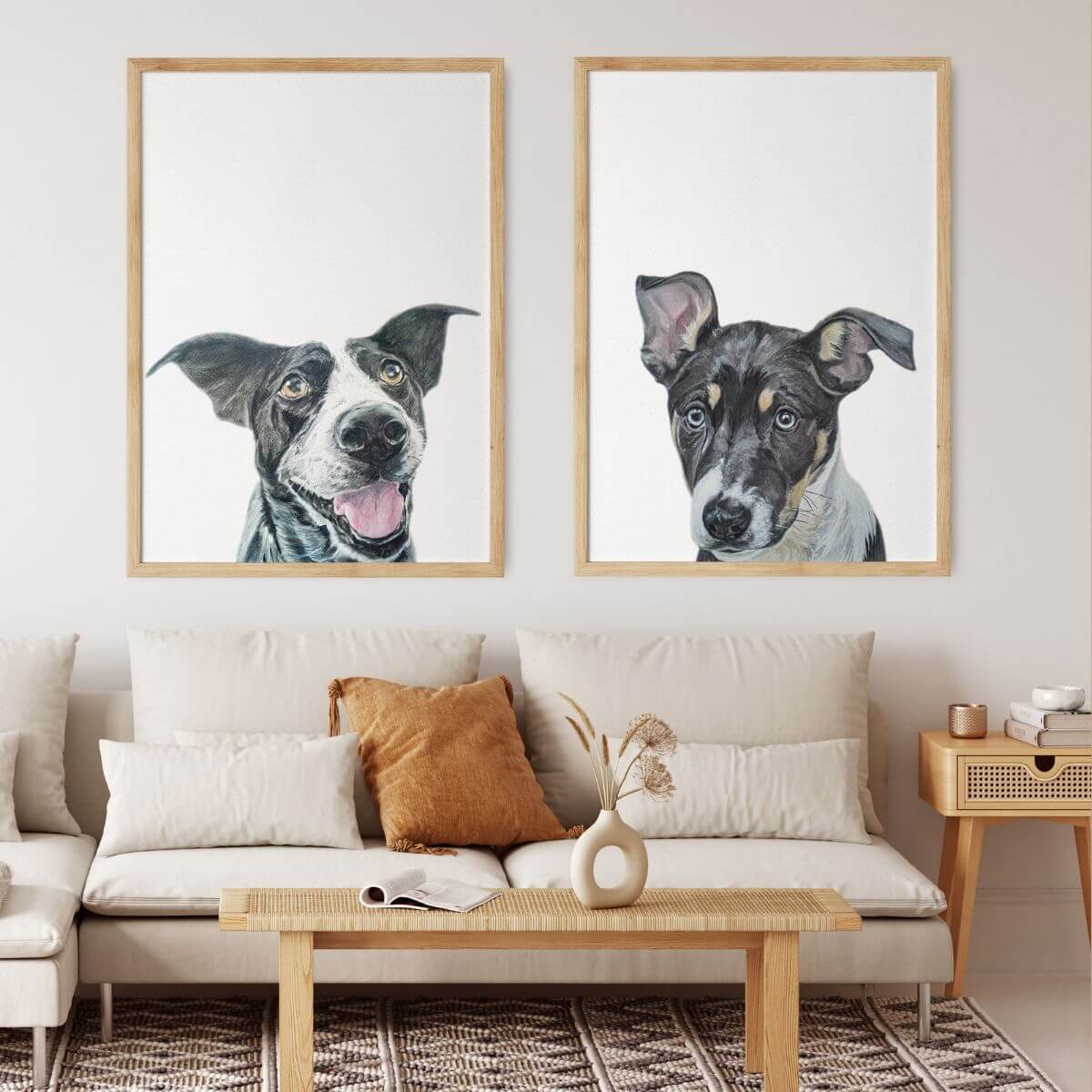 Custom Dog Portrait From Photo - 12x16 Framed White - 2 dogs