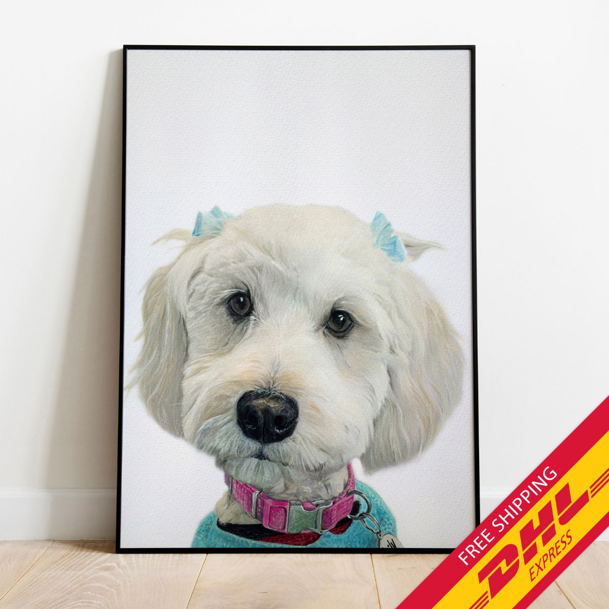 Custom Dog Portrait From Photo - 12x16 Framed White - 2 dogs